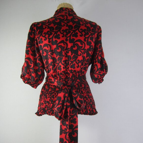 INC International Concepts Women 12P 12 P Red Black Floral Silk SS Shirt Ties - Picture 9 of 10